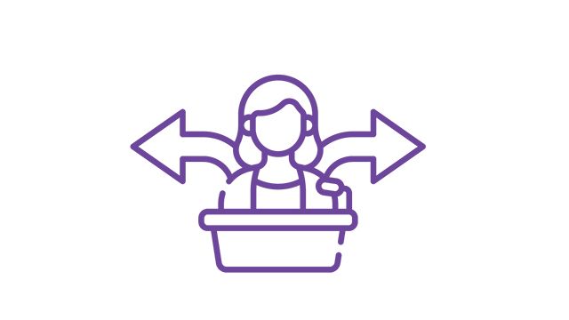 purple icon of a woman choosing a direction