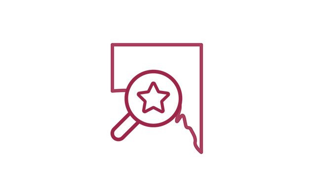 red icon of south australia with a magnifying glass containing a star