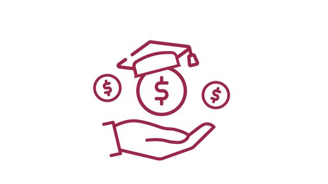 Red icon of a hand holding dollar coins with a student hat on top