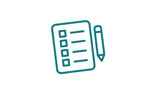 Teal icon of a checklist and a pencil